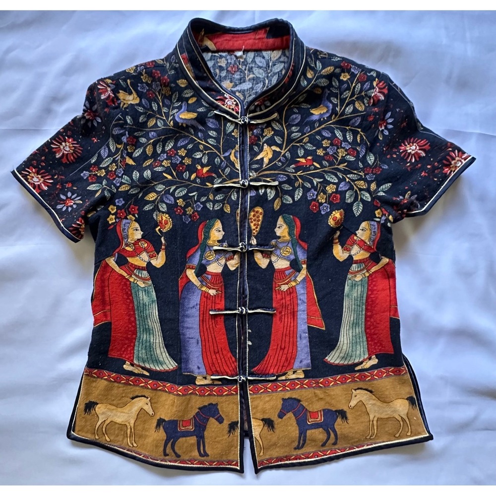 Vintage Indian Art Print Frog Closure Jacket Mandarin Collar Black Red S